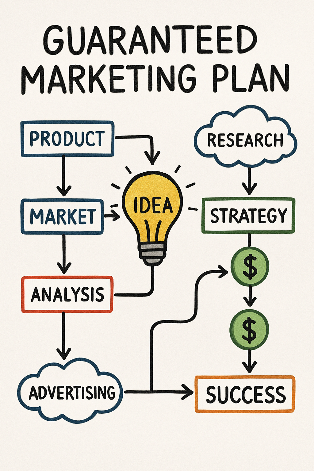Create an image with a title Guaranteed Marketing PlanThat will depict a complex plan that leads to success