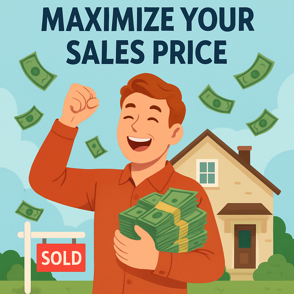 Create an image with the title Maximize your sales price that will depict a happy seller who got lots of money for his home during sale
