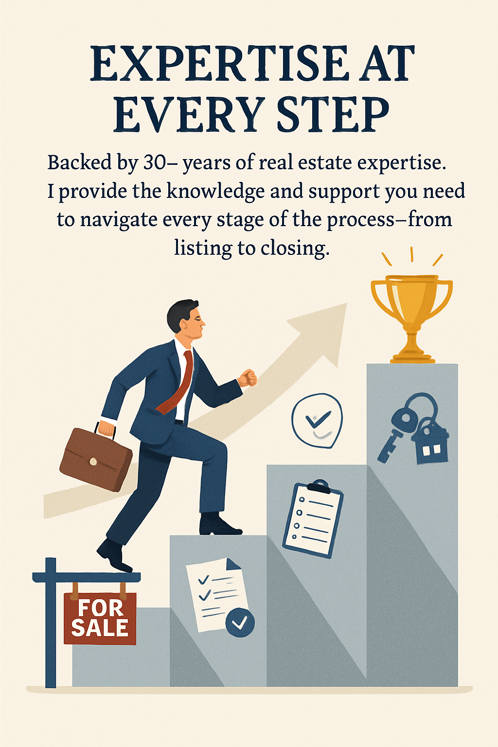 Title of the image Expertise at Every StepBacked by 30 years of real estate expertise I provide the knowledge and support you need to navigate every stage of the processfrom listing to closingCreate an image that depicts Success