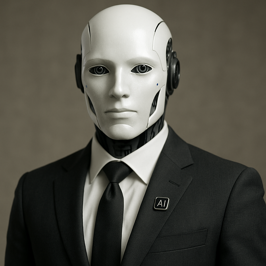 humanid robot dresed in the suit with AI pin in the lapel-1